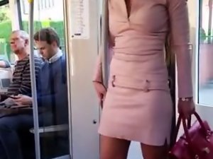girl in mini leather dress public voyeur &extreme high heels