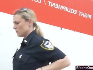 Slutty cops riding black thief cock in truck